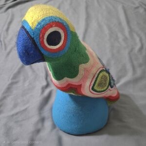 Mexican Pottery Parrot With Thread Yard Flower Design 10” Heavy Tropical Artsy